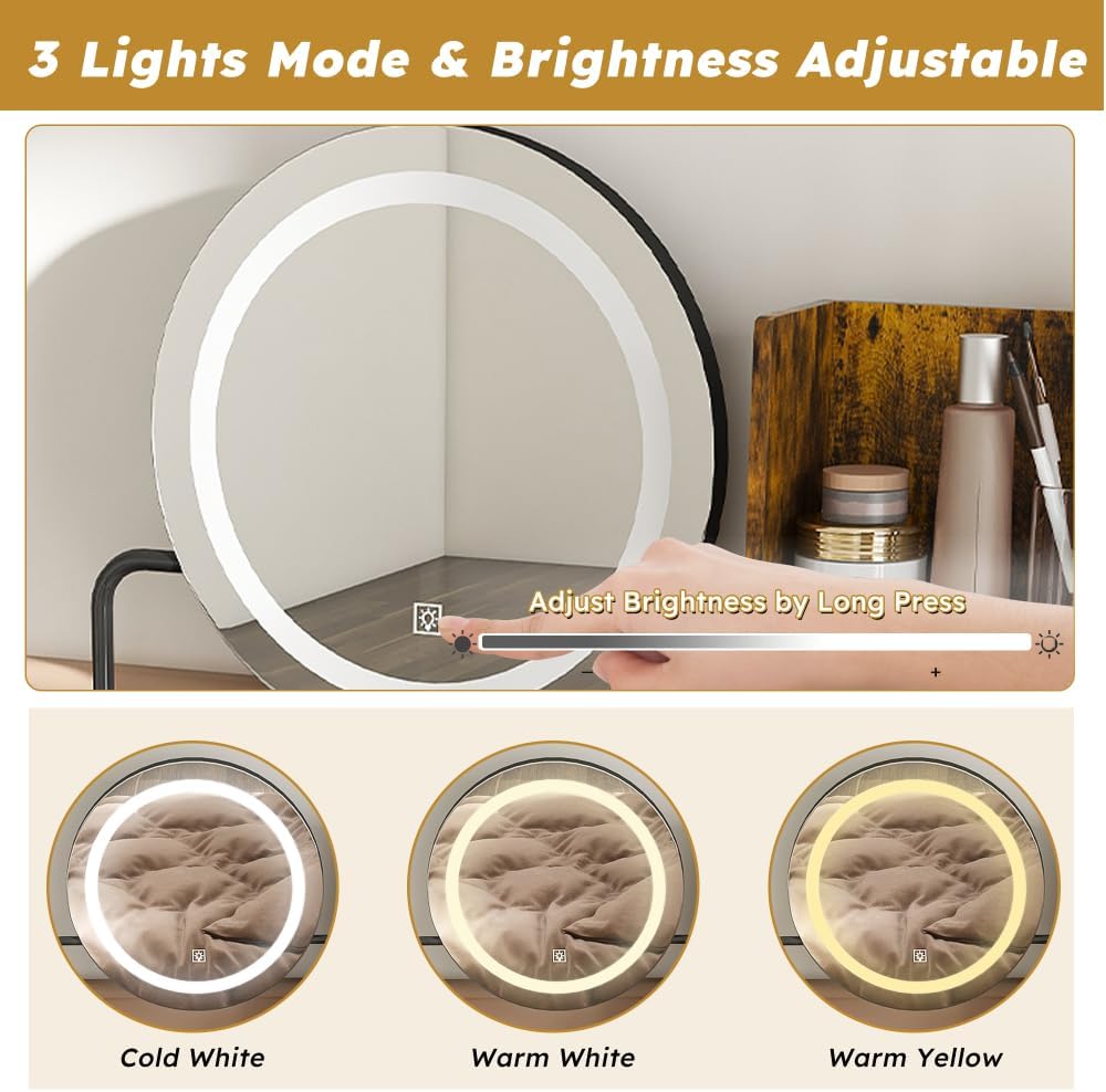 LED Mirror with three light modes: Cold White, Warm White, Warm Yellow