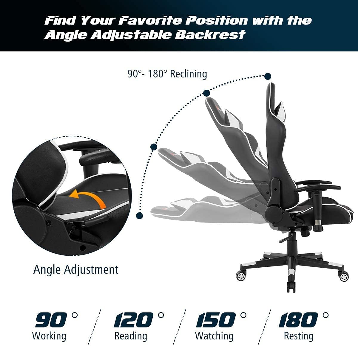 Massage Gaming Chair, High Back Office Computer Chair with Headrest and Lumbar Support, Racing Style Reclining Swiveling Game Chair for Home Office (White)