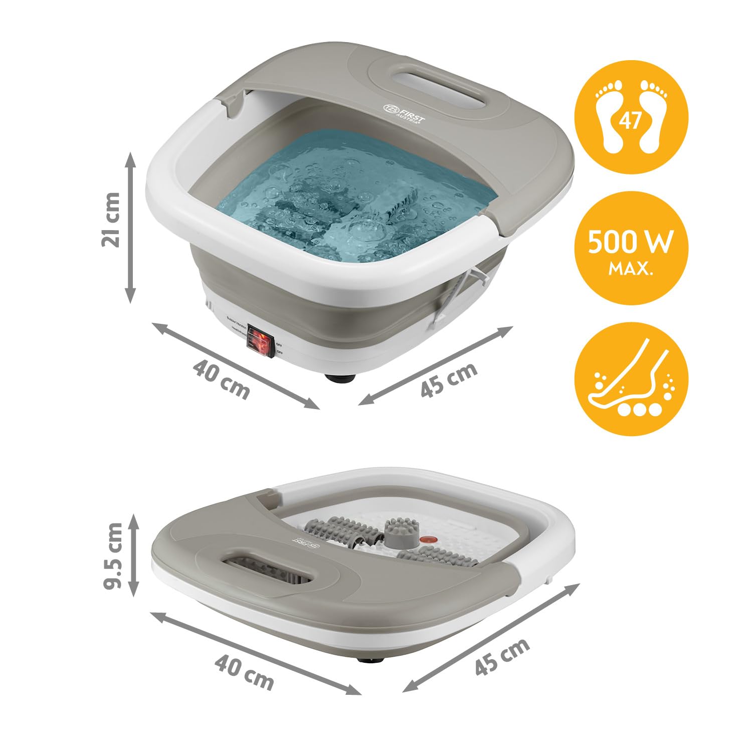 TZS First Austria - Fußsprudelbad 500W - Fußmassagegerät mit 3 Aufsätzen & 8 Massagerollen - Vibrations- & Luftblasenmassage, Infrarot- & Heizfunktion - Klappbar bis Größe 47 - Grau