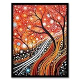 Artery8 Modern Vibrant Striking Aboriginal Style Artwork Painting Reds Orange Trees and Roots Stars and Sky Art Print Framed Poster Wall Decor 12x16 inch