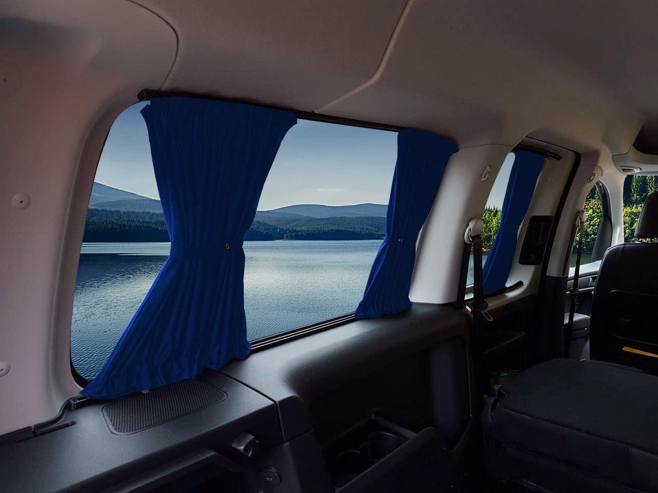 BREMER SITZBEZÜGE Zasłony chroniące przed słońcem, kompatybilne z VW Caddy 3 i 4, krótkie Maxi z tylną klapą 2003 - 2020 w kolorze niebieskim, akcesoria kempingowe, akcesoria do przyczep kempingowych, zestaw zasłon
