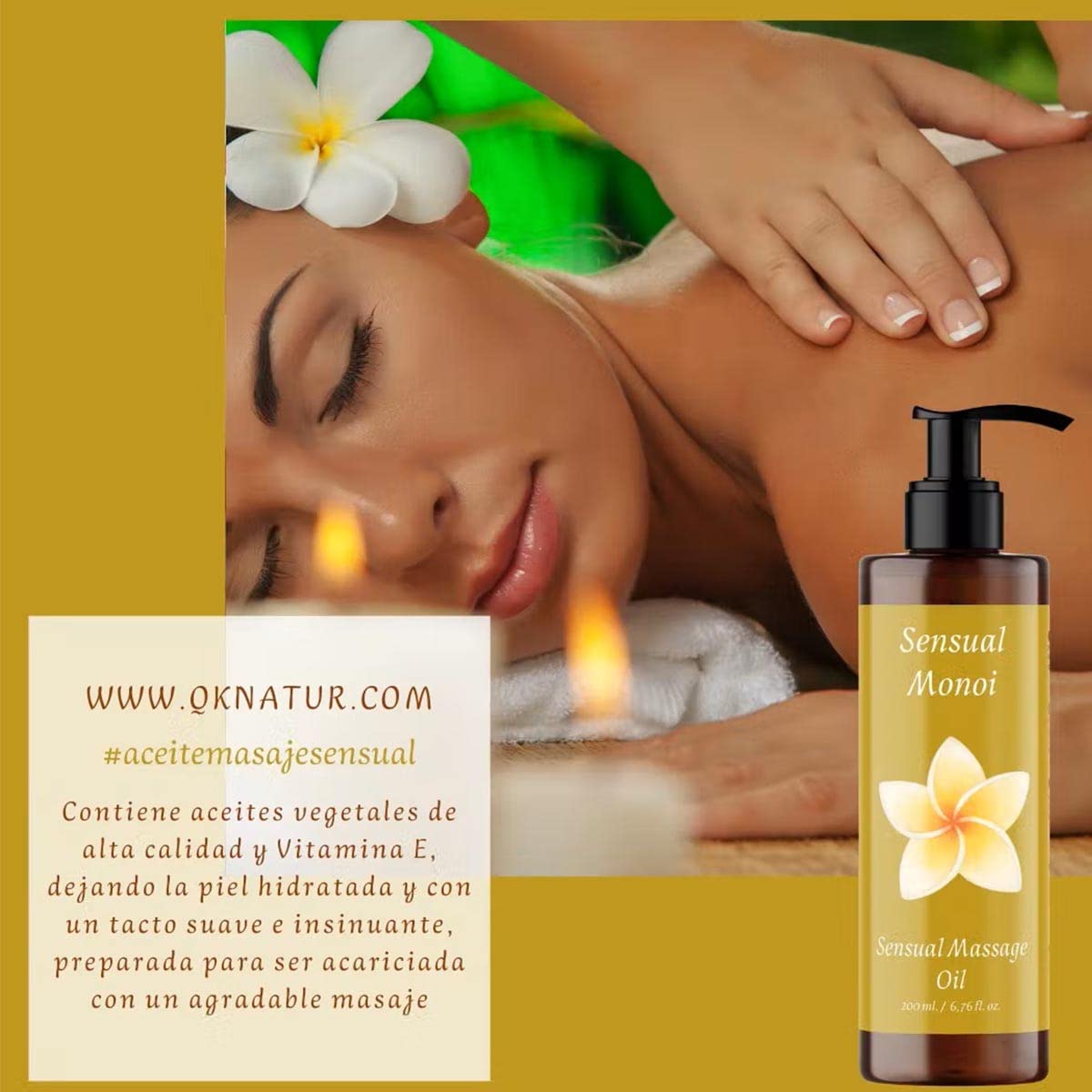 QKnatur - Aceite de Masaje MONOI - 200ml - BIO - Con Ingredientes Naturales. Para Masajes Corporales Relajantes. Delicado Aroma a Monoi