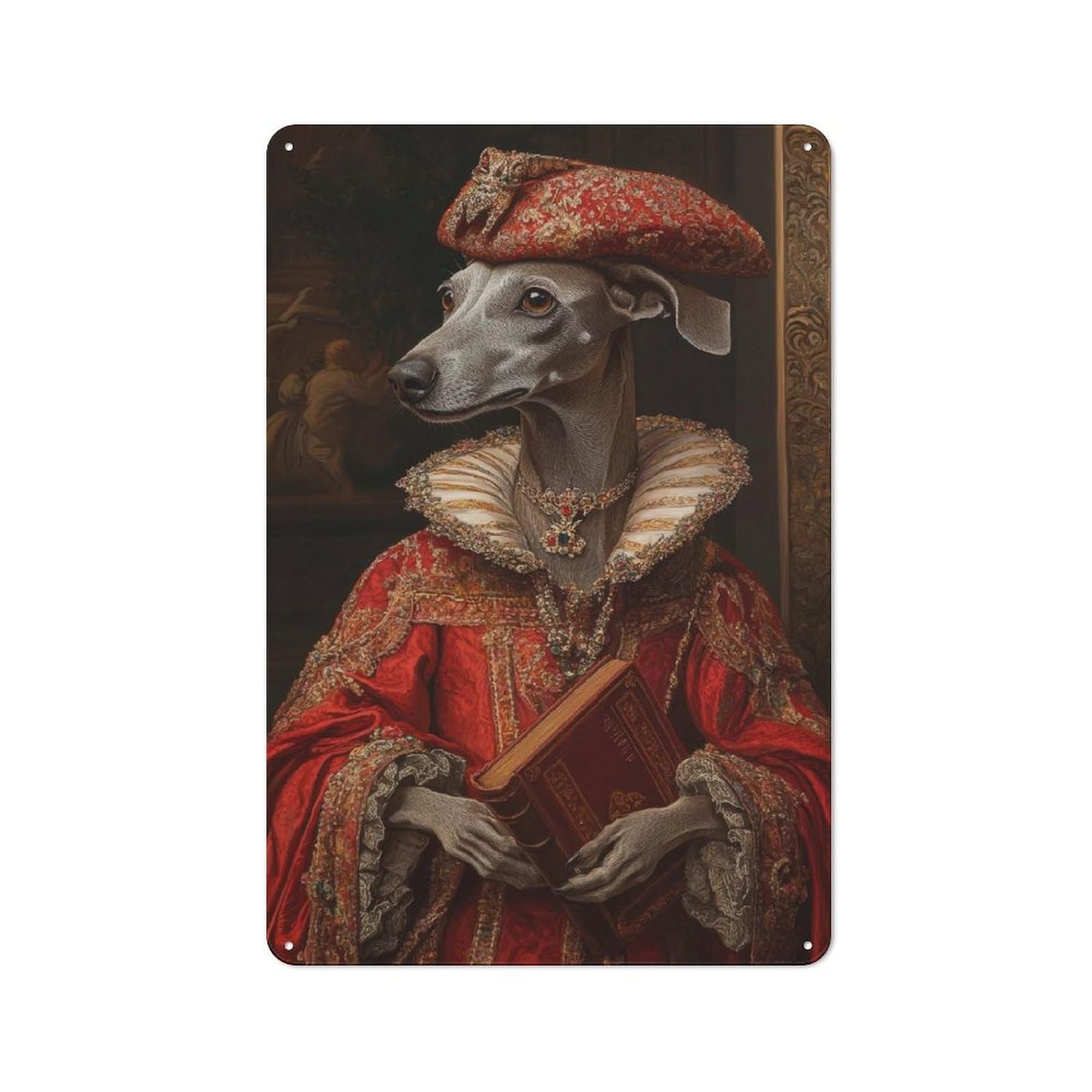 Junmoney Greyhound Noble Scholar Renaissance Dog Port Rait Industrial-Style Metal Plaque 30X20cm For Hallway Wall, A Winter Wall Decor Update For Hallway Decor Lovers