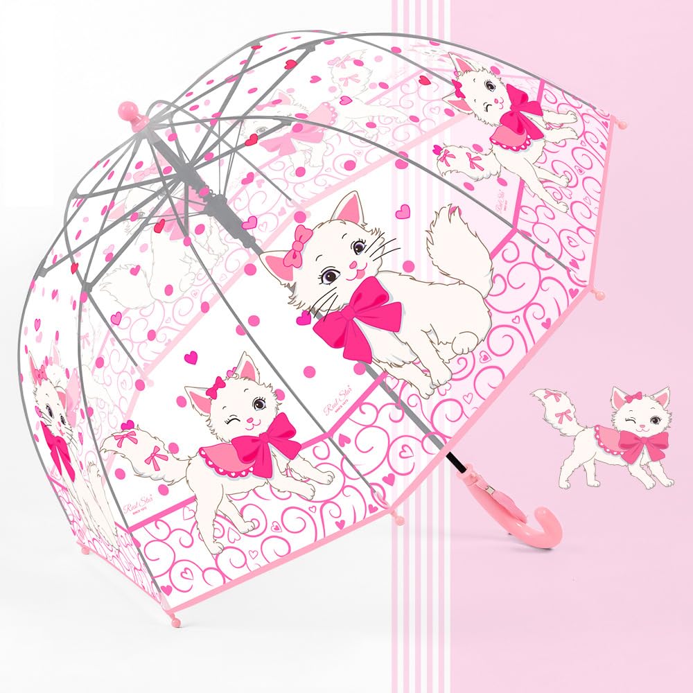 Chesoon Parapluie pour enfant Motif chat rose mignon Surface transparente en forme de bulle Toile bombée résistante au vent Filles âgées de 3 à 8 ans