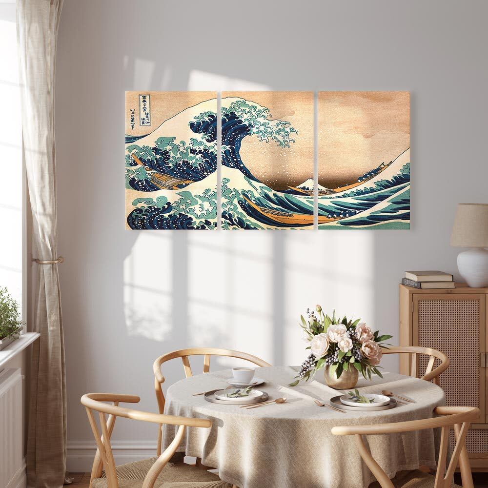 decomonkey Wandbilder Katsushika Hokusai 180x90 cm 3 Teilig Wandbild Groß | Leinwandbild XXL, Deko, Wohnzimmer, Schlafzimmer, Büro, Wanddeko, Leinwand, Pictures For Wall, Poster