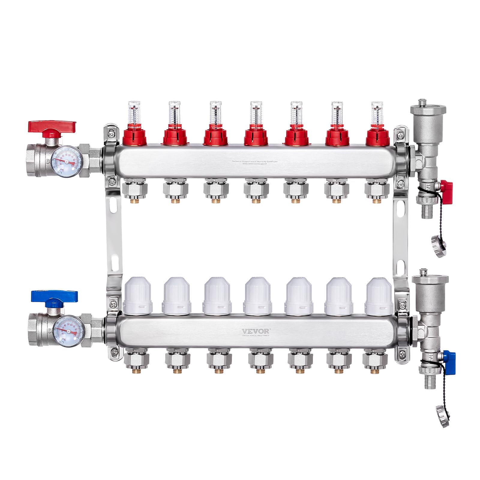 VEVOR Colector de Calor radiante de 7 Derivaciones, Colector de Tubería PEX de Acero Inoxidable SUS304 para Calefacción por Suelo Radiante Hidrónico, con Adaptadores, 540 x 370 x 110 mm, 0-5 L/min