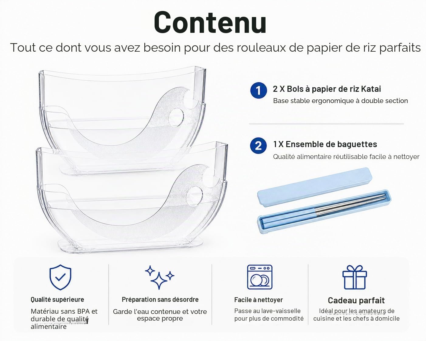 Katai - Lot de 2 supports de bol à eau en papier de riz - Ergonomique, compact et sans BPA et parfait pour les rouleaux de printemps et d'été - Peut contenir jusqu'à 30 papiers - Complet avec