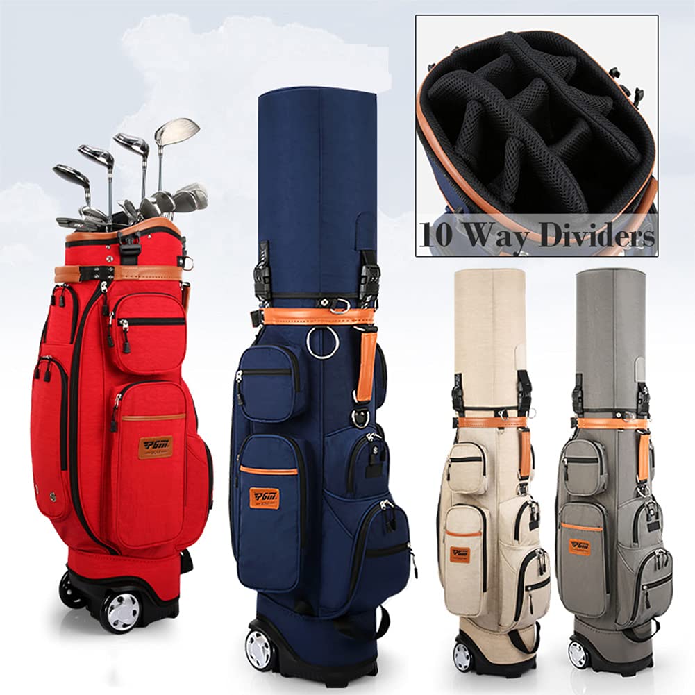 Golf-Reisetasche für Herren Damen mit 10-Wege-Trennwänden, mit Regenschutz, Kühltasche/Schuhtasche, Golf-Tragetasche mit Rädern, Rot/Khaki/Dunkelblau/Grau
