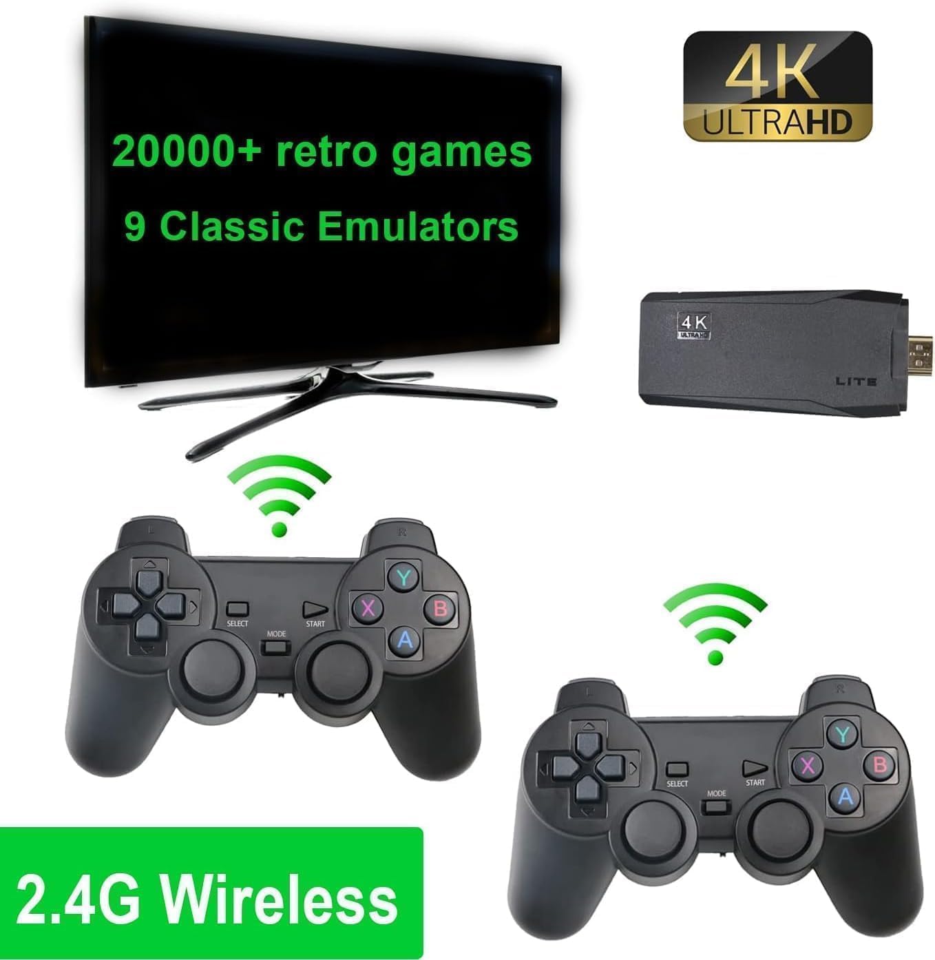 LYX 4K Ultra HD Wireless Retro Game Console Stick, Plug & Play HDMI Video Game Console for TV with 2 Wireless Controllers | Net Weight: 360 g 1