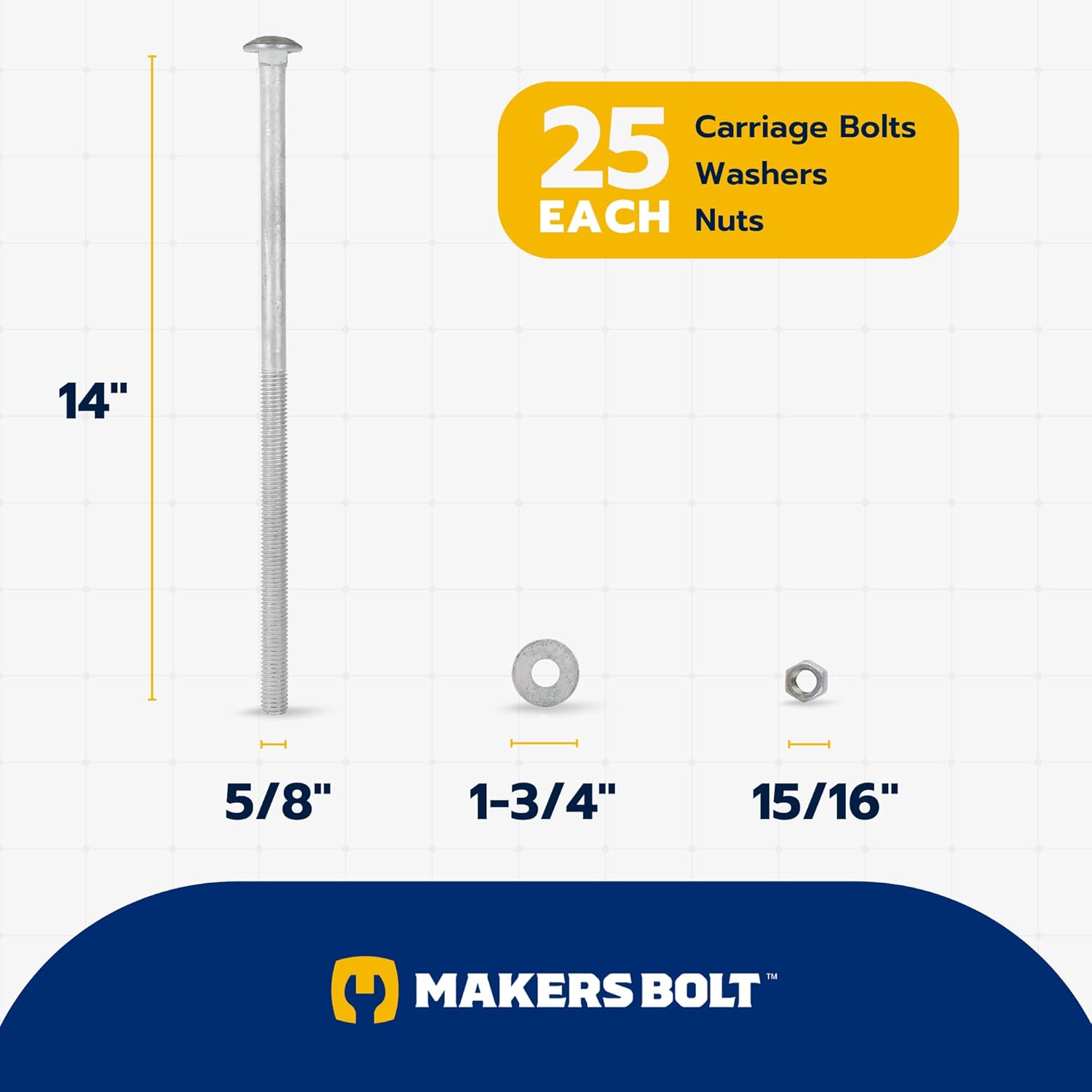 5/8" x 14" (25 pk) Hot Dip Galvanized 307A Carriage Bolt, Washer, Nut Kit by Makers Bolt