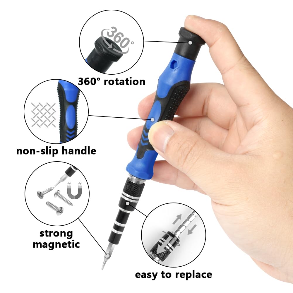 OSDUE Set di 124 Cacciaviti Precisione, Kit Professionali con Torx Phillips Taglio Triangolari Esagonali Set di chiavi a cricchetto magnetiche per Switch PS4 Xbox PC Laptop Occhiali Orologio Blu