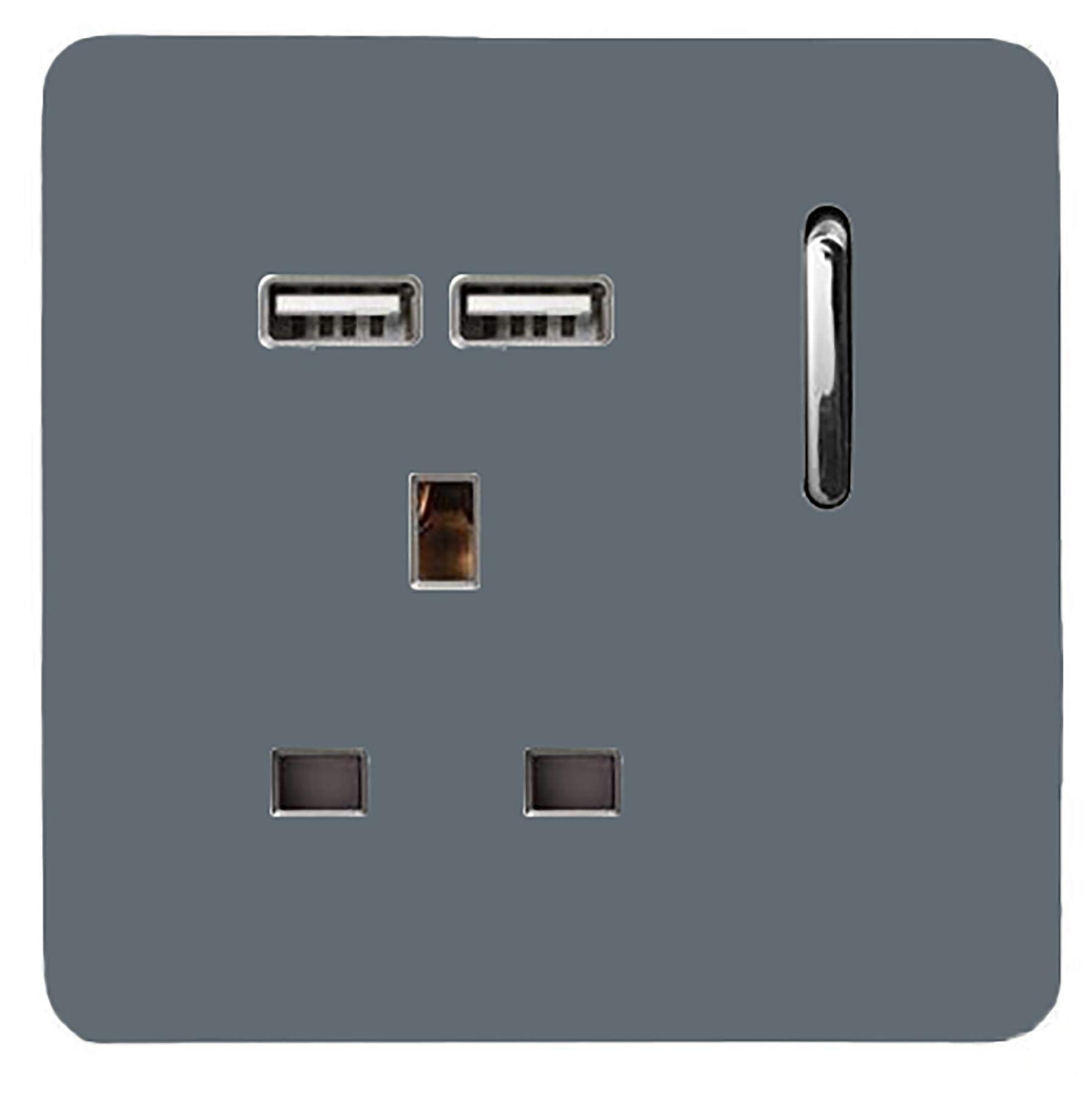 Trendi 1 Gang Single Switched Screwless Artistic Modern Glossy 13 Amp 2x Type A 2.1A USB Charging Port 13A Wall Outlet Plug Socket in Warm Grey - ART-SKT13USBWG