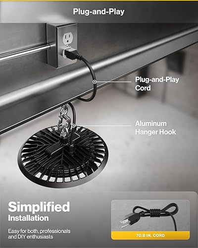 Miniatura 3 de Sunco Lighting Paquete de 6 luces LED UFO de alta bahía, iluminación Plug & Play para almacén, luz diurna de 5000 K, 150 W, cable de alimentación