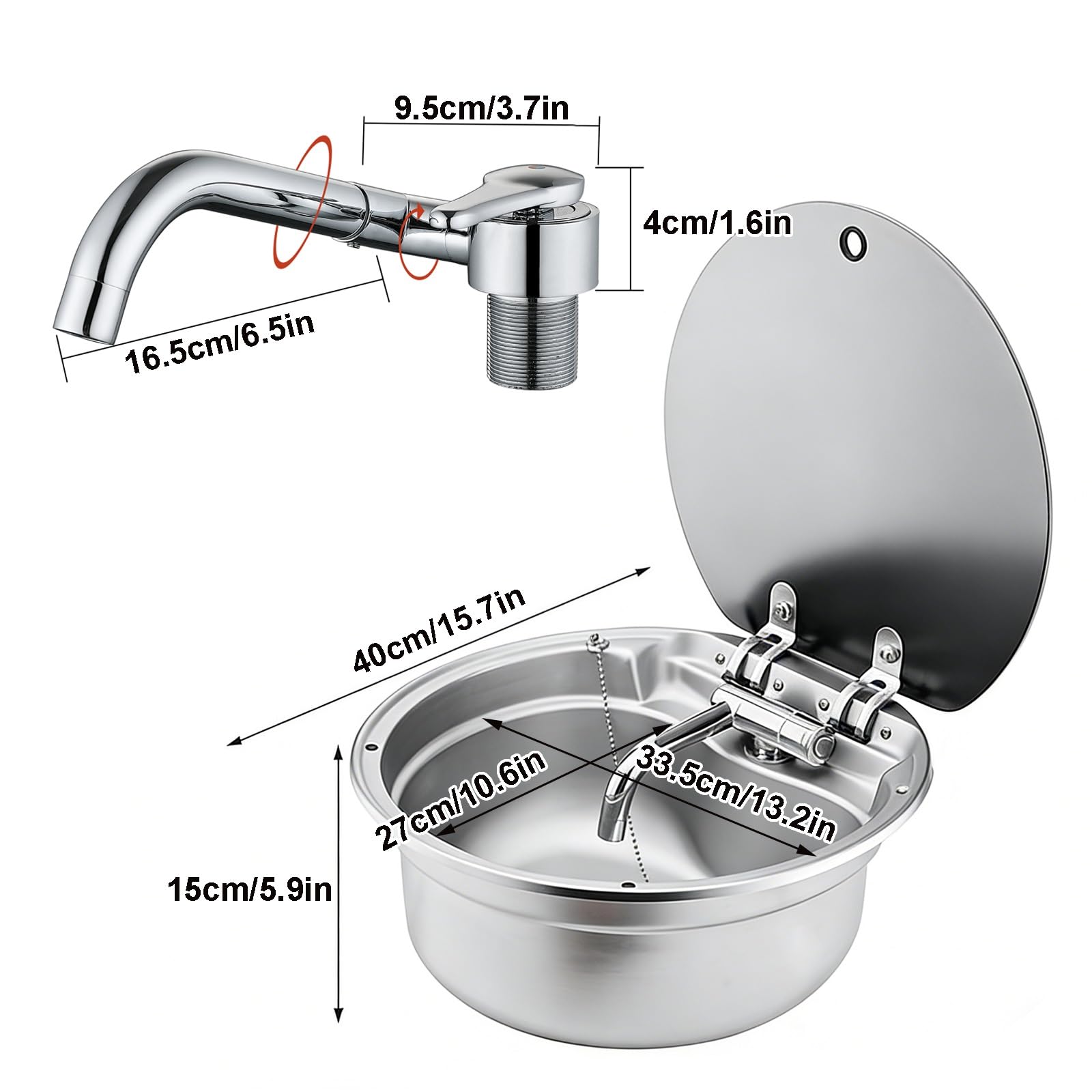 Lavello Rotondo RV 40cm, Lavello Camper a Incasso in Acciaio Inox 304, Piccoli Lavelli Cucina RV con Rubinetto Pieghevole & Pannello Fonoassorbente