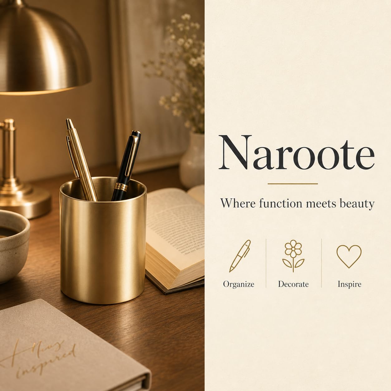 Naroote Porta della Penna Dorata, Portata a Matita Oro Porta | Penna per Scrivania Golden Round Brush Spazzole Vaso in Acciaio Inossidabile Vaso a Penna Dorata per Accessorio per la Casa