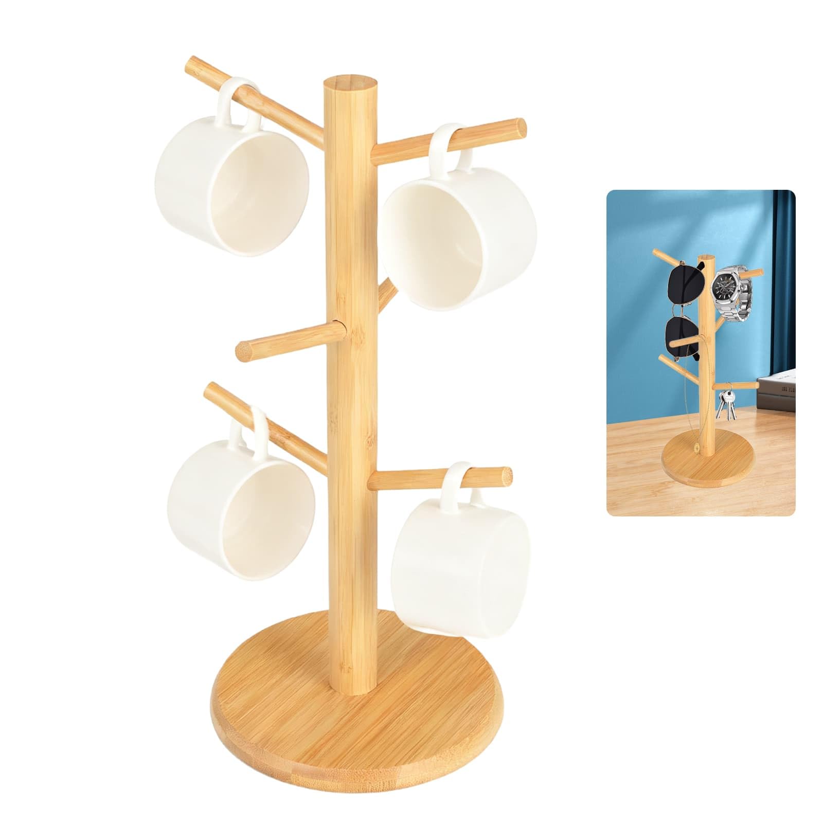 WEELOO Wooden Coffee Cup Holder 6 Hooks, Mug Tree Rack with Thicker Base, Coffee Tea Cup Storage Hanger Holder, Cup Holder for Counter, Kitchen, Space-Saving (Brown)