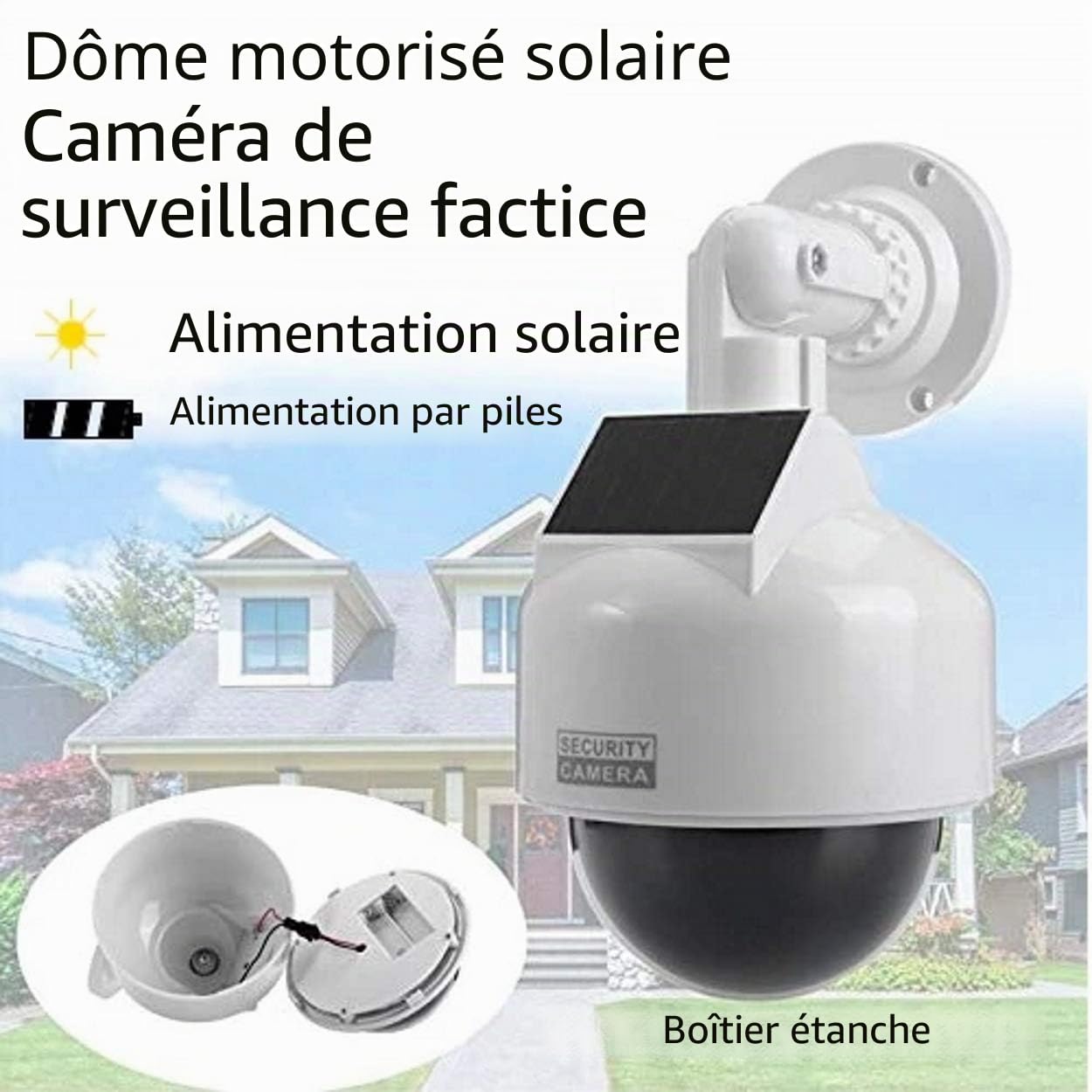 O&W Security Lot de 2 caméras factice de Surveillance solaires Professionnelles Speed Dome - avec Objectif, câble et LED Clignotantes