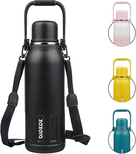 Miniatura 9 de BJPKPK - Botella de agua térmica aislada de 40 onzas con tapa y asa de transporte, botellas de agua de acero inoxidable de doble pared para