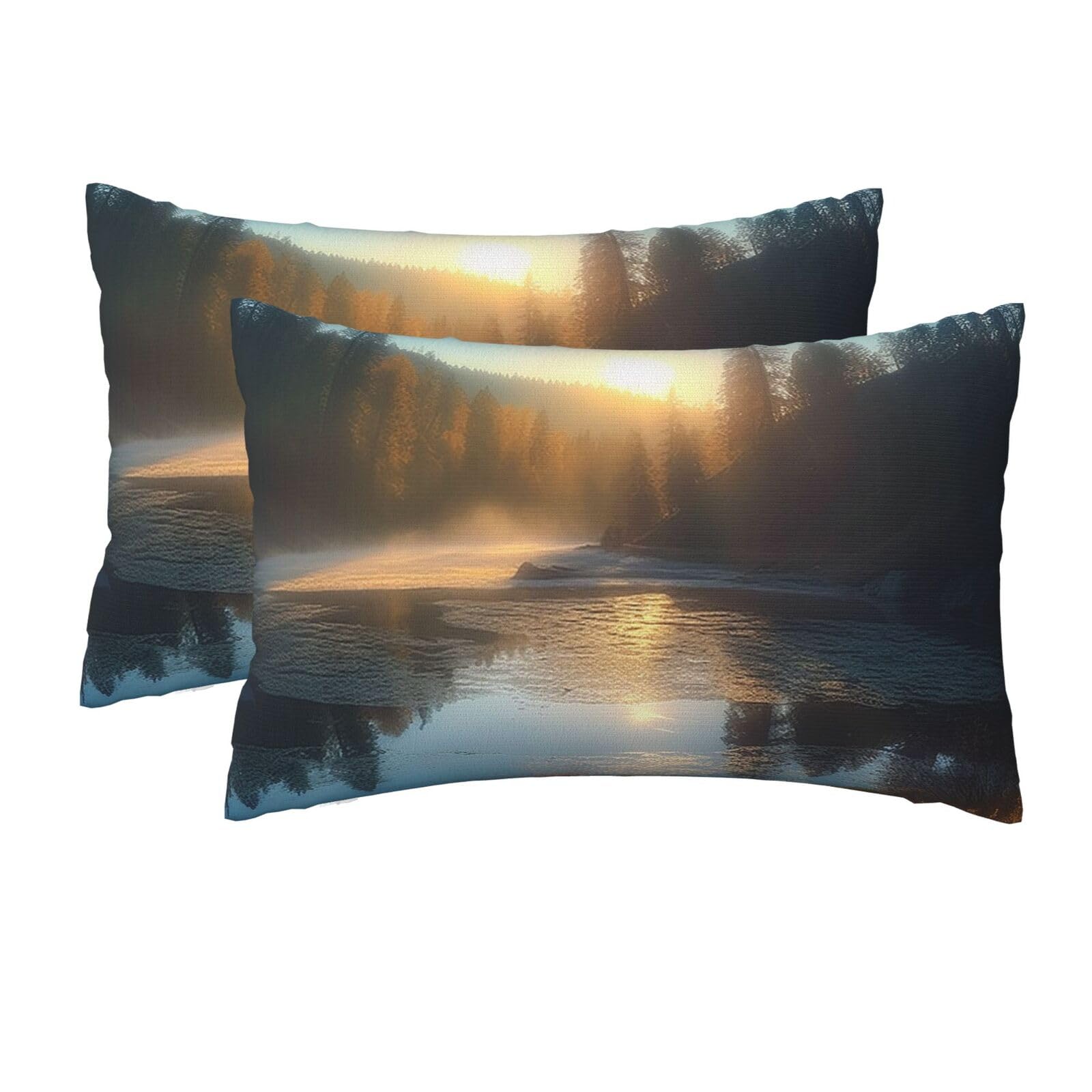 2 Pack Queen Pillow Cases with Hidden Zipper, Soft Breathable Pillow Covers for Hair and Skin, Sunrise Over Mountain Forest Lake Pillowcases 20"x30" Bed Pillow Protectors Cover for Sleeping Gifts
