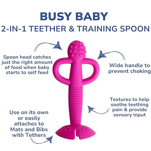 Miniatura 9 de Busy Baby Cuchara de dentición - Mordedor 2 en 1 y cuchara de entrenamiento para autoalimentación, apta para lavavajillas, sin BPA, silicona de