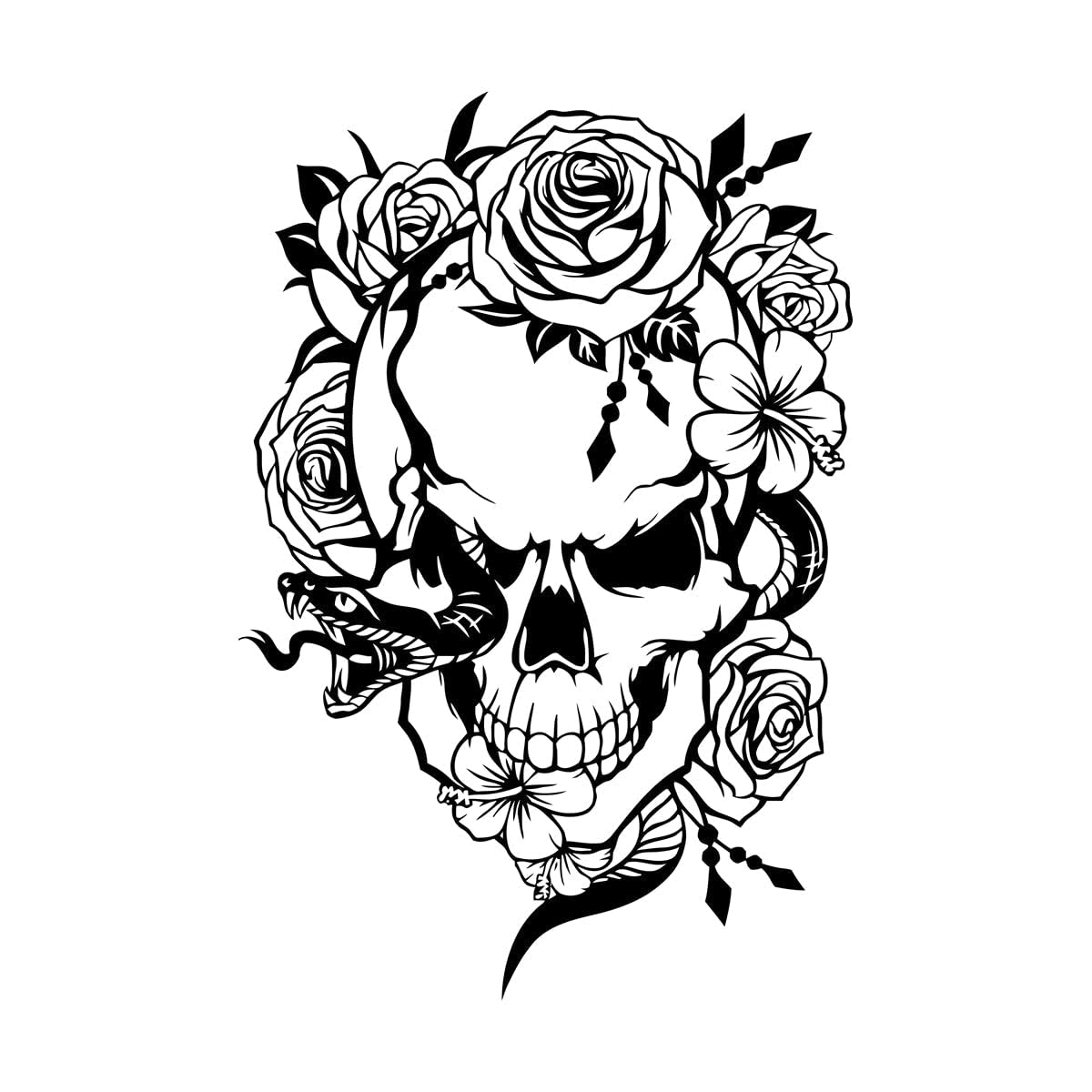 Creative Design Skull Snake and Flowers Vinyl Wall Sticker Day of The Dead Wicca Tattoo Studio Decor Decals Removable Mural Extra Large - 90x132cm