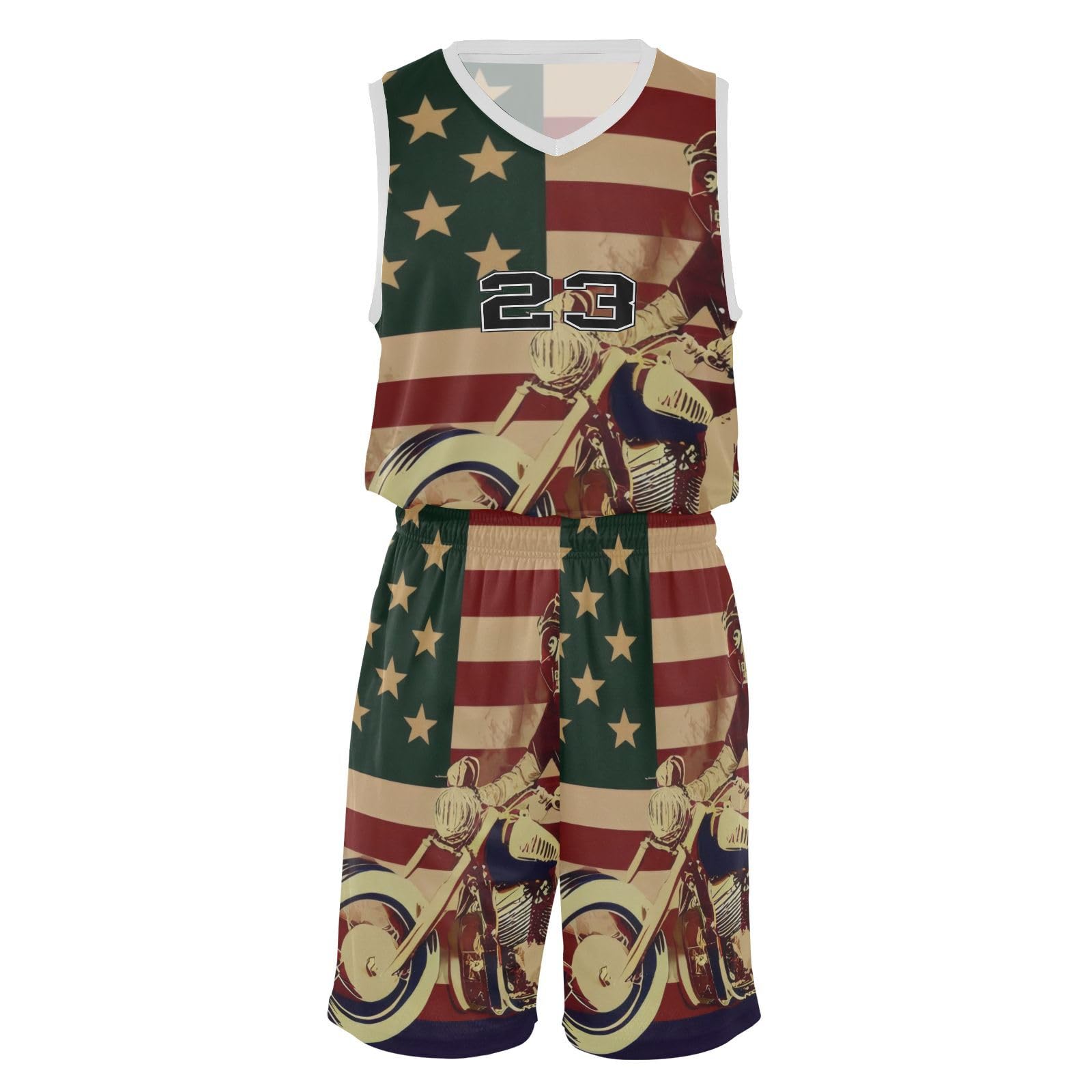 FLildon Skull Motorcycle American Flag Boys Basketball Jersey Set Tank Top Shorts Tracksuit Sport Training Suit for Kids, S