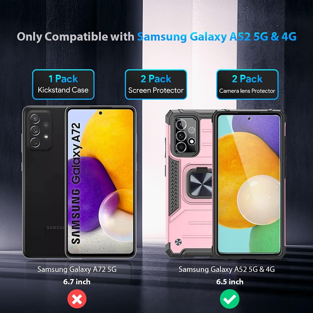 HATOSHI Samsung Galaxy A52 5G & 4G Case with 2 Pack Tempered Glass Screen Protector and 2 Pack Camera Lens Protector, [5X Military-Grade Shockproof] Magnetic Ring Kickstand Phone Cover, Pink