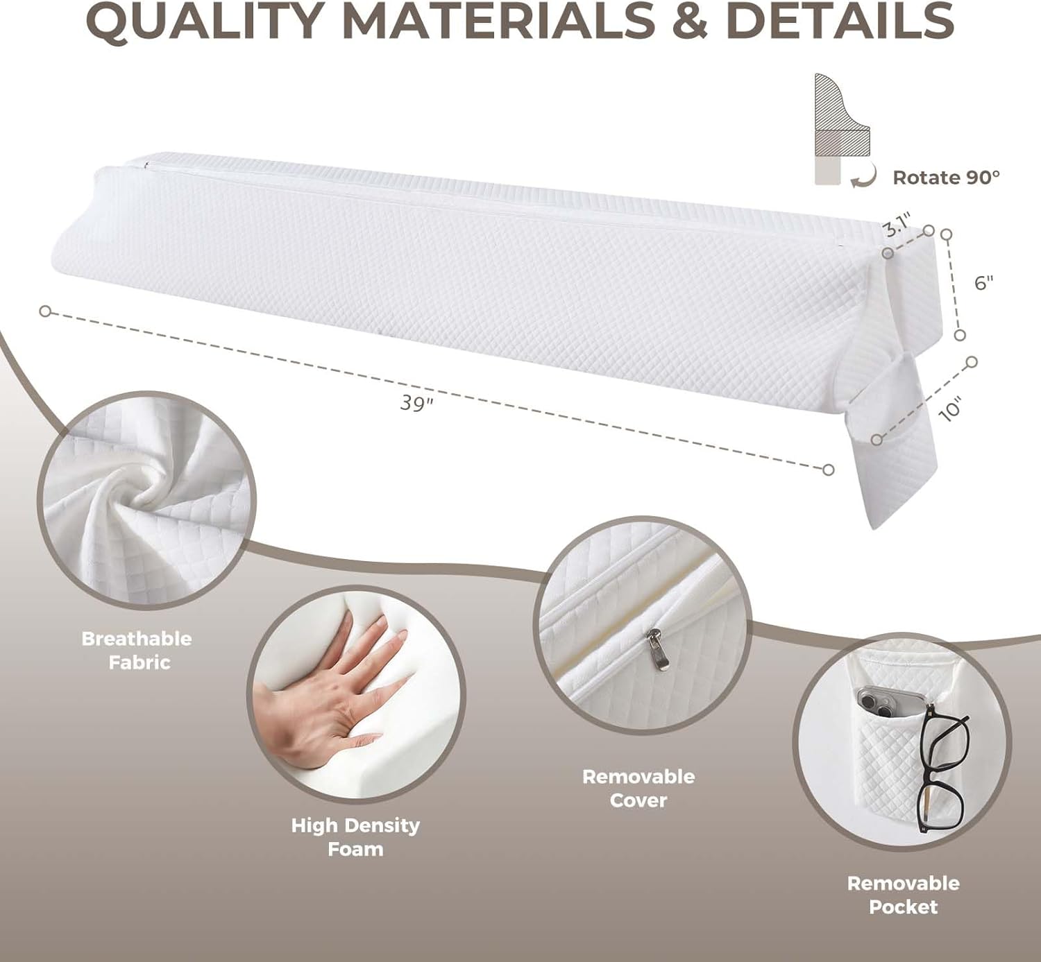 Bed Wedge Gap Filler Twin Size, Wedge Pillow for Headboard Gap, Foldable Mattress Gap Filler Close The Gap (0–7") Between Headboard and Mattress, Bed Crack Pillow, 39×10×6 in, White