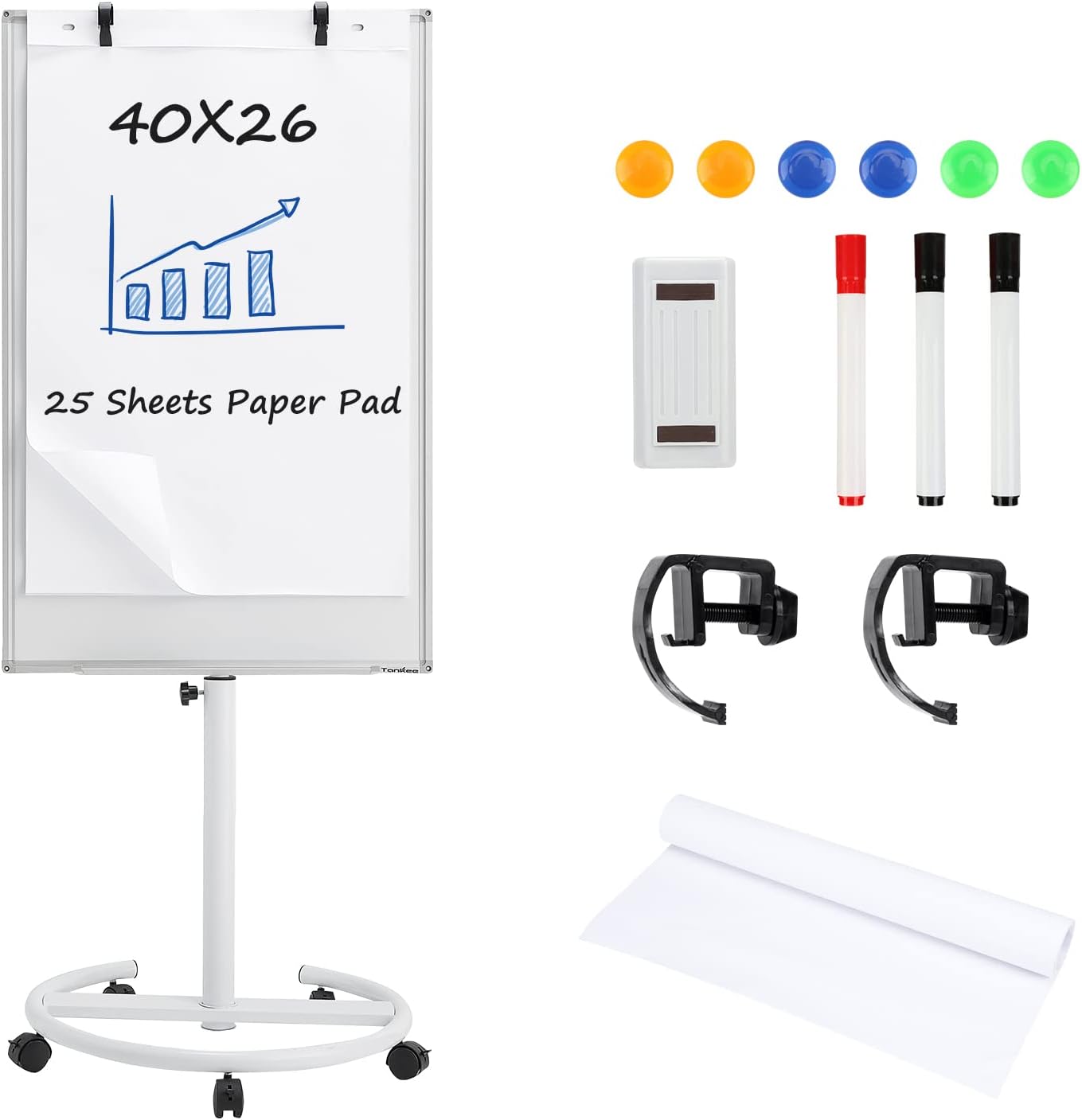 TANKEE Mobile Whiteboard on Wheels - 40'' x 26'' Portable Magnetic Standing White Board, Dry Erase Board with Stand, Flip Chart Easel for Classroom Teachers with Paper Pads White - 40" X 26"