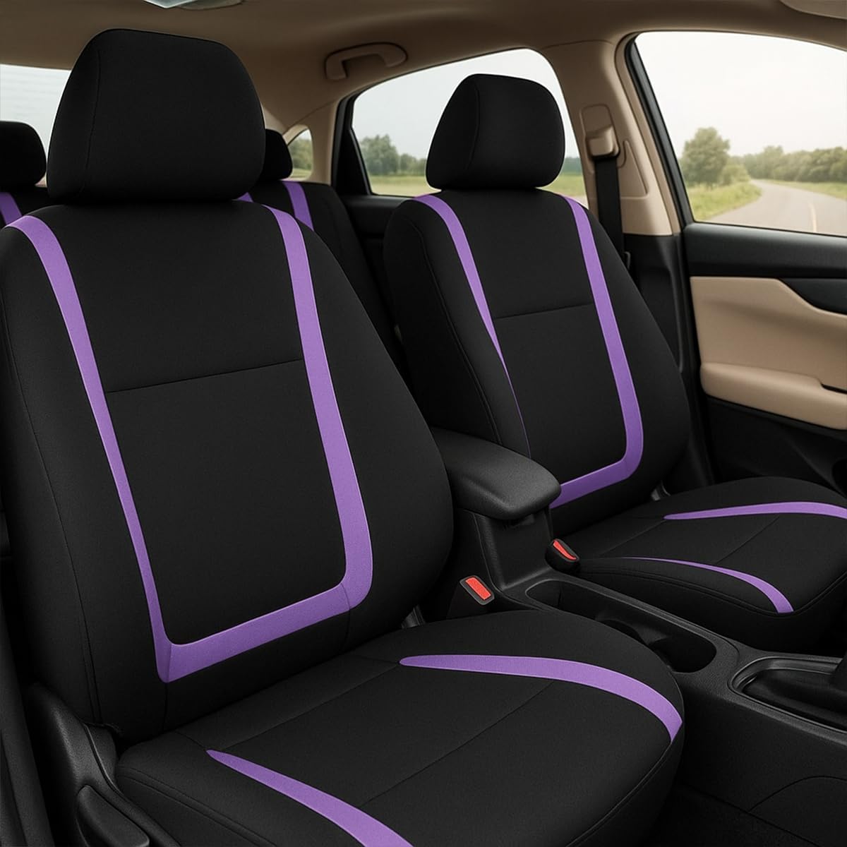 BELOMI 9PCS Polyester Car Seat Covers, Full Set, Black/Purple image 5