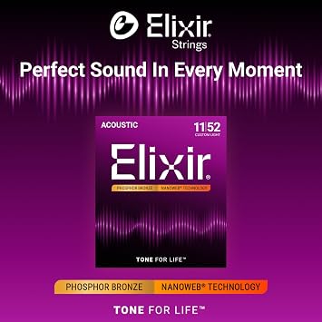 Elixir Strings, Acoustic Guitar Strings, Phosphor Bronze with NANOWEB Technology, Longest-Lasting Rich Tone For Life with Comfortable Feel, 6 String Set, Custom Light 11-52