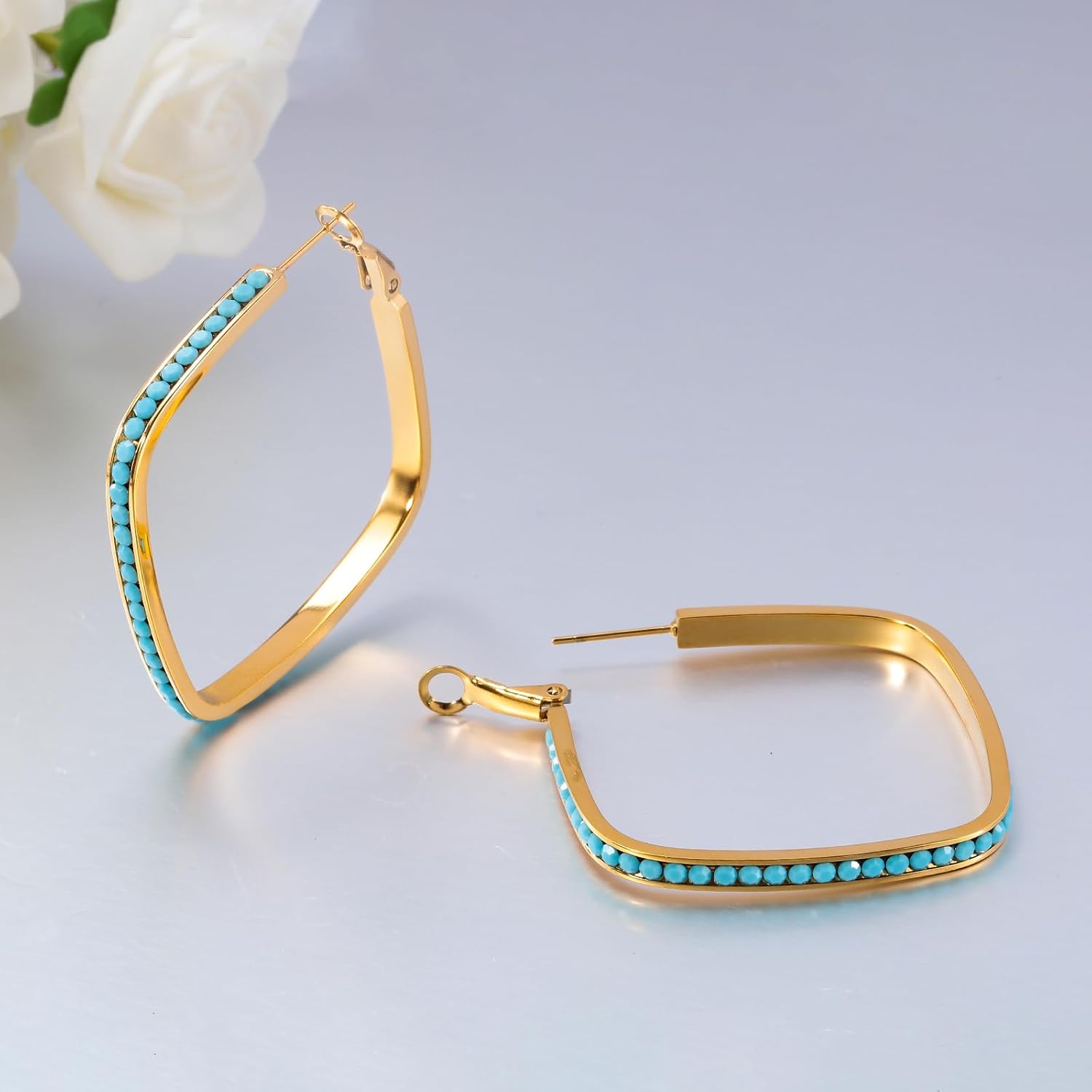 CiNily Big Hoop Geometric Earrings for Women Teens Hypoallergenic Stainless Steel Square Earrings Multicolor Cubic Zircon Medium Hoop Ear Rings Jewelry Plated in Gold-Silver-Black-Rose Gold, 41mm image 3
