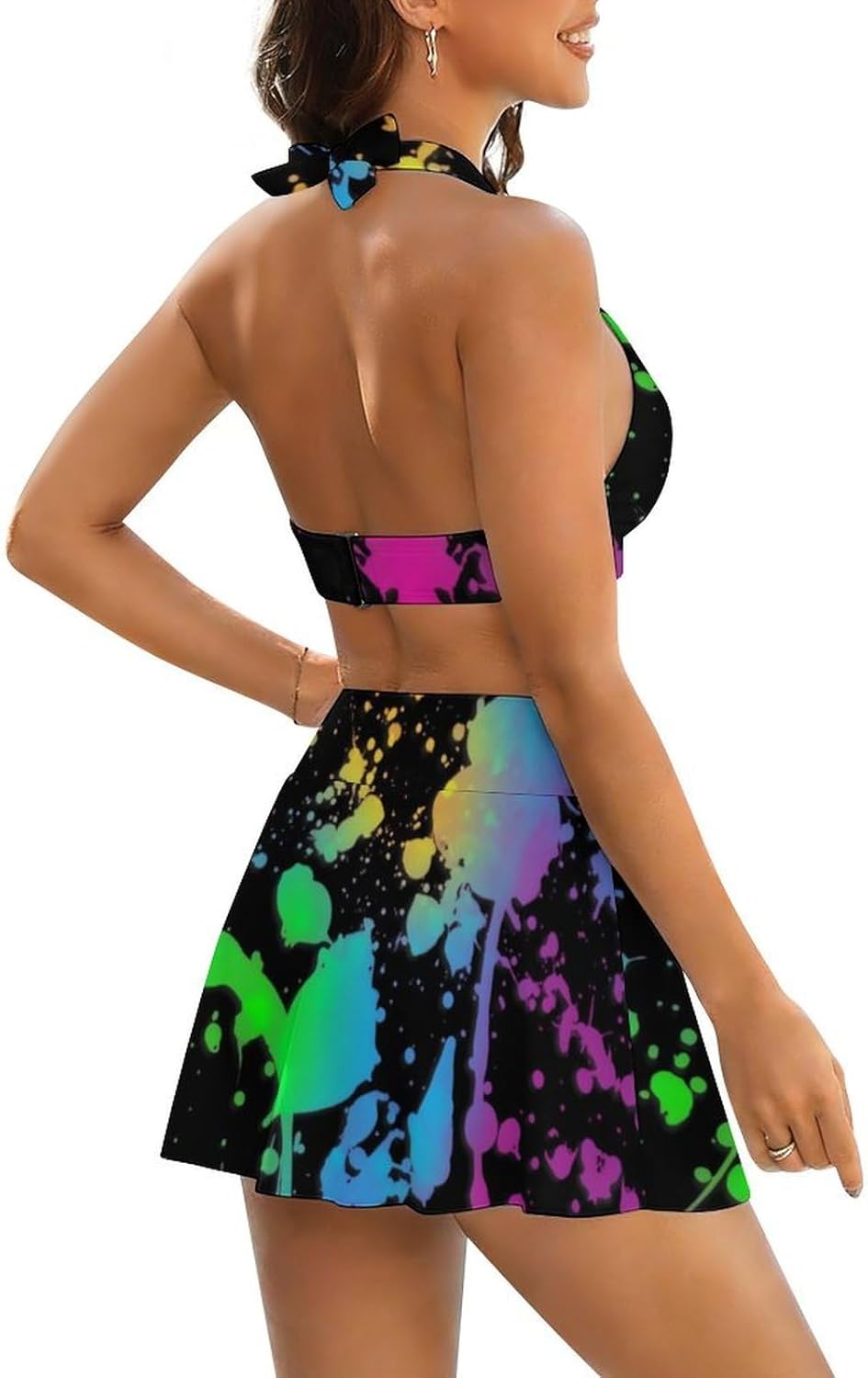Rainbow of Neon Paint Splatters Swimsuit Swimwear, Women Adjustable Bathing Suits