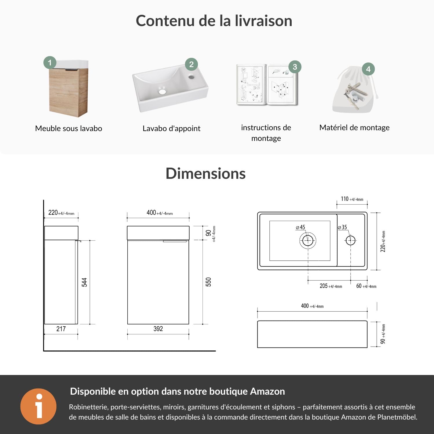 Planetmöbel Meuble sous lavabo 40 cm, Meuble Salle de Bain avec Vasque pour Petites salles de Bains, WC invités, chêne Sonoma