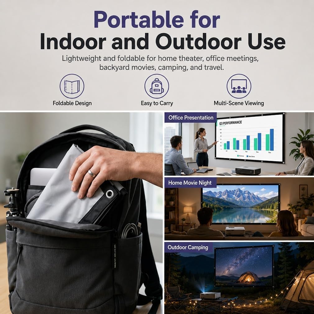 Pantalla de proyección ALR: Pantalla Colgante Mejorada 4K 16:9 para Interiores y Exteriores, portátil y de Calidad cinematográfica; fácil instalación para Cine en casa (Standard,150")