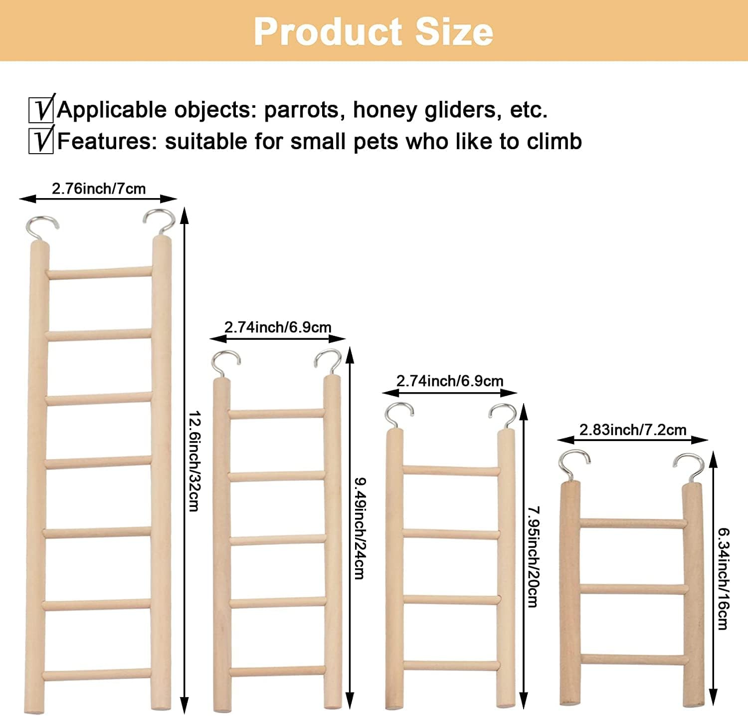 Bird Toys Wooden Ladder, 4 Sizes Parakeet Toys Wood Ladder, Natural Wooden Step Ladder Bird Ladder, Bird Climbing Toys Bird Toys for Parakeets, Parrots, Cockatoo and Lovebirds : Pet Supplies