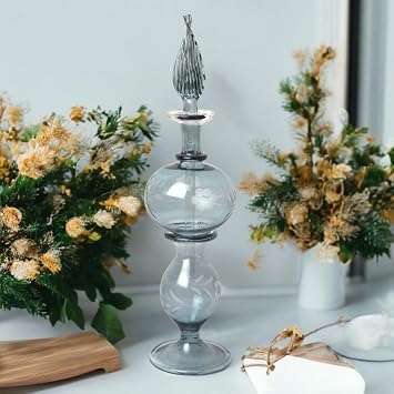 Blown Glass Decorative Ornament Perfume Bottle | Refillable Glass Bottle | Essential Oil Holder | Fragrance Display | Handmade Gray Glass Scent Bottle with Engraved Design | Gift for Perfume Lovers