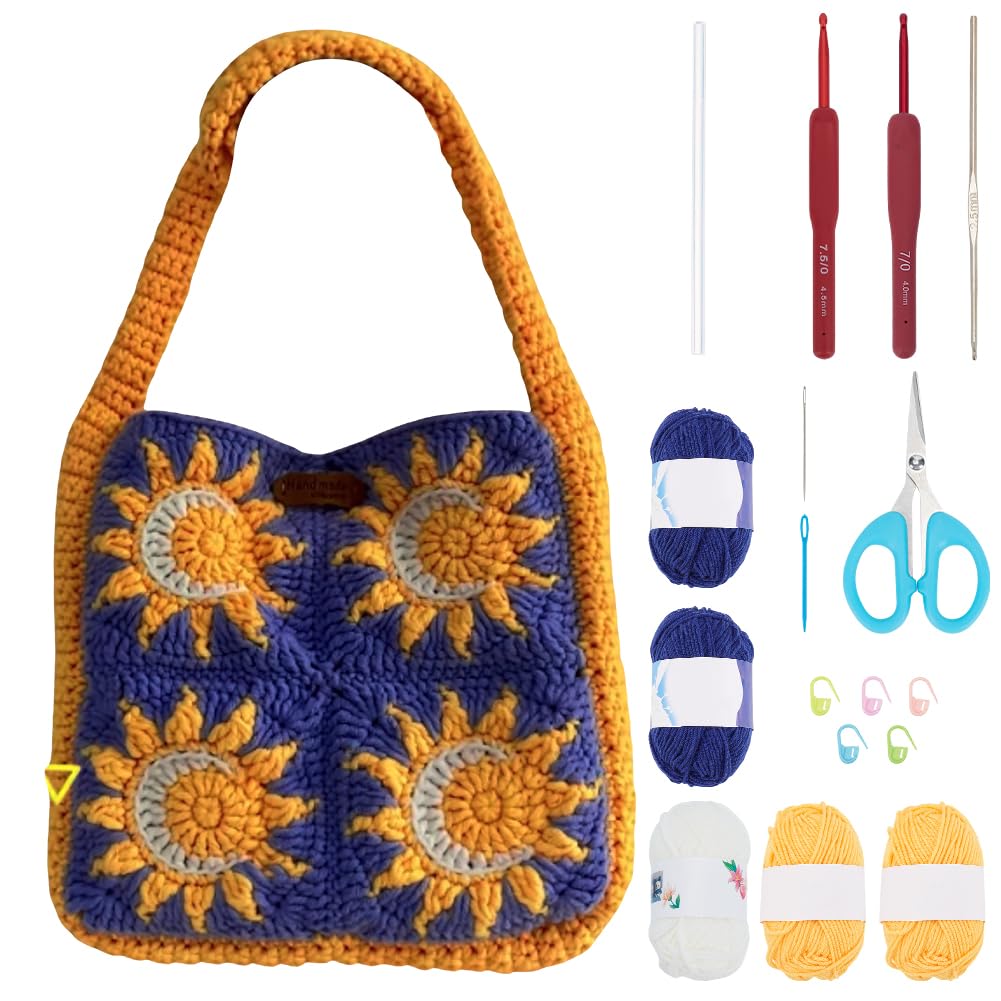 FREEBLOSS Häkelset Für Anfänger Häkeltaschen Starterset Granny Square Häkel Einkaufstaschenset Sonnen Häkeltasche Strickset Mit Schritt Für Schritt Videoanleitungen Bastelprojekte Für Erwachsene