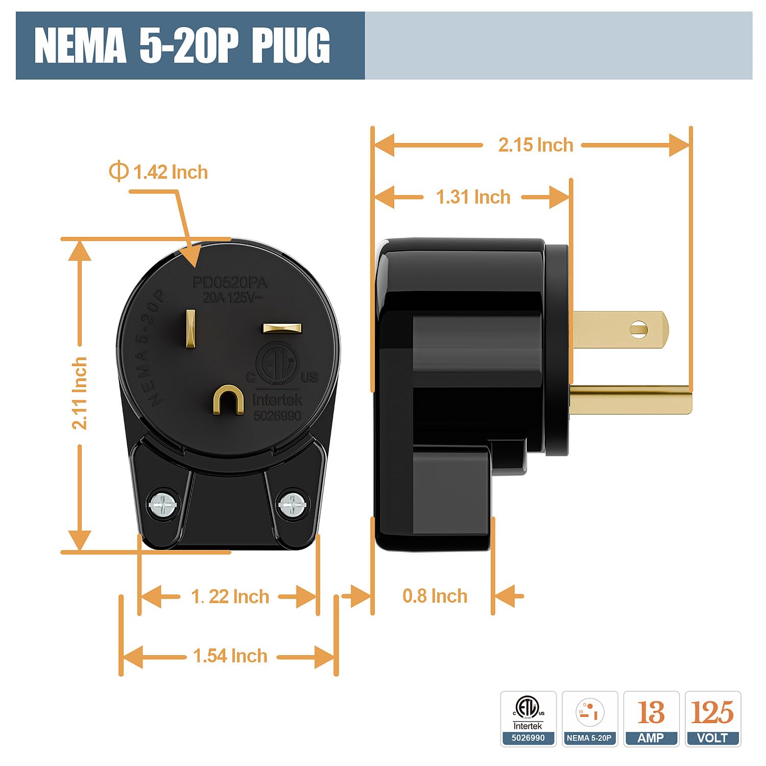 DeliciousTaylormade QUADFACE  NKT×AC Angled NEMA 5-20P Plug, WINXUS Rotatable 5-20P Replacement
