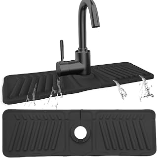 Echehi Alfombrilla Silicona Fregadero para Drenaje de Grifo, 44 x 14 cm Alfombrilla Fregadero Cocina para Grifo con Orificios Cortables, Inclinación de 7°, Diseño Plegable de 90°. Negro