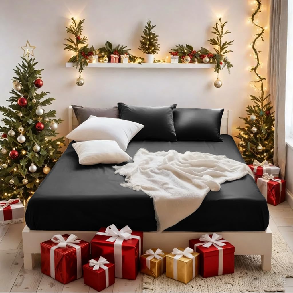 MOHAP Warm Double Size Fitted Sheet Black with Extra Deep 30 cm Pocket Bed Sheet Only Bedsheet Brushed Microfiber No Pillowcases for Double Bed 135x190 Black