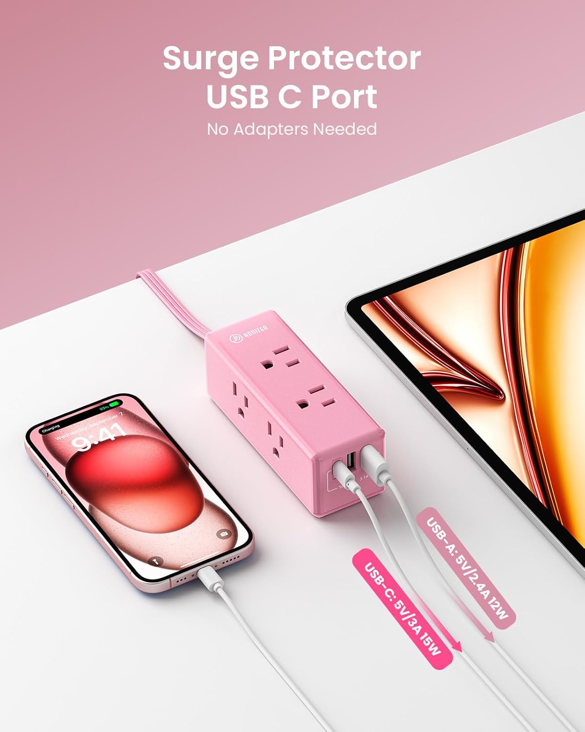 10ft Pink Extension Cord,HONIZER Power Strip Flat Cord, 6 Outlets & 3 USB Ports (1 USB-C), Cute,Wall Mount for Home Office Dorm Desk Accessories, Blush Boost