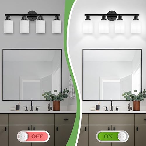 Miniatura 4 de Lámparas de baño de 4 luces, luces negras de tocador para espejo con pantalla de vidrio blanco lechoso texturizado, lámpara de pared moderna para