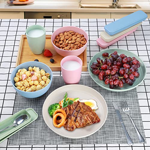 28Pcs Kitchen Wheat Streaw Dinnerware Sets, Wheat Straw Plates And Bowls Sets, College Dorm Dinnerware Dishes Set For 4 With Cutlery Set (Beige) #TOP4