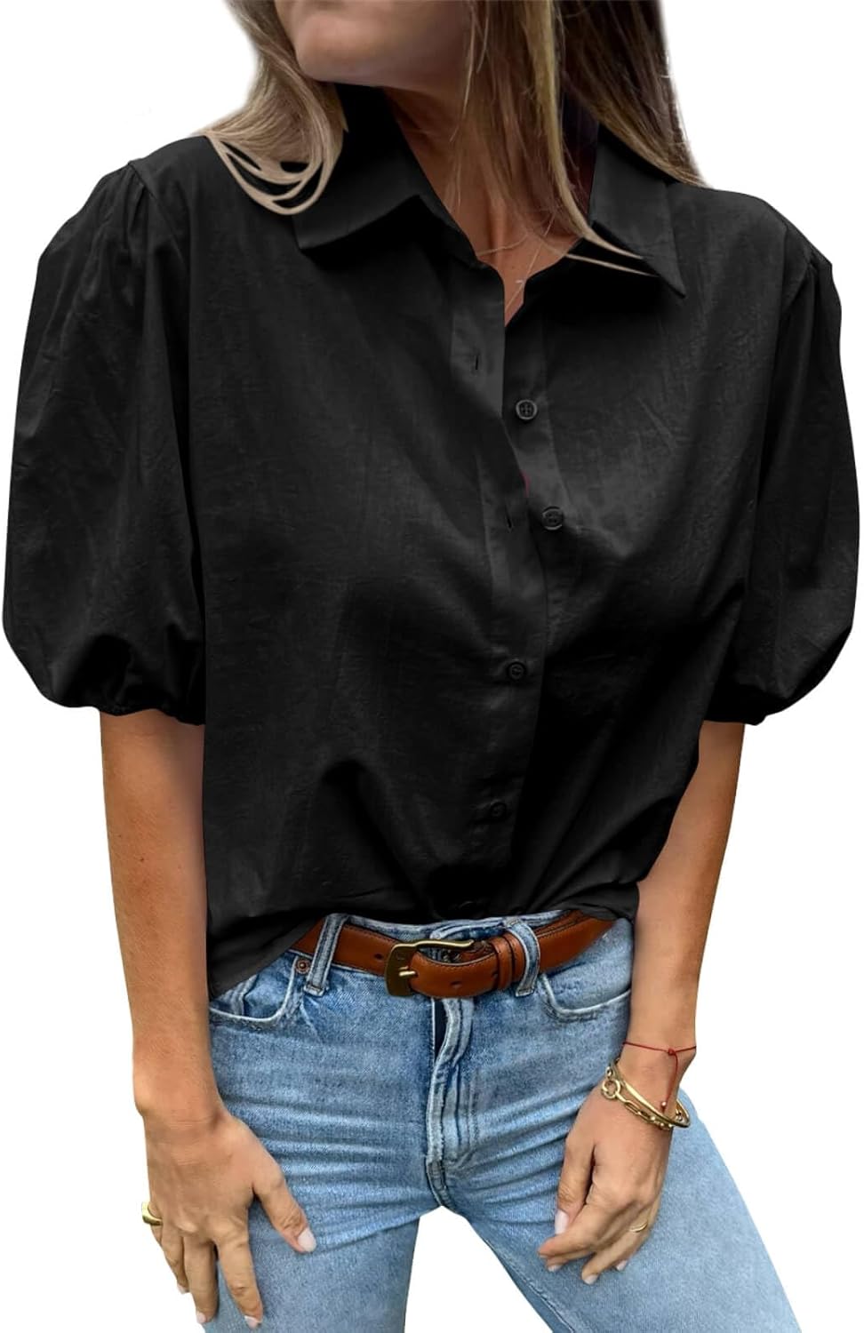 Tankaneo Women’s Button Down Shirts Short Puff Sleeve Collared Dressy Casual Blouse Tops