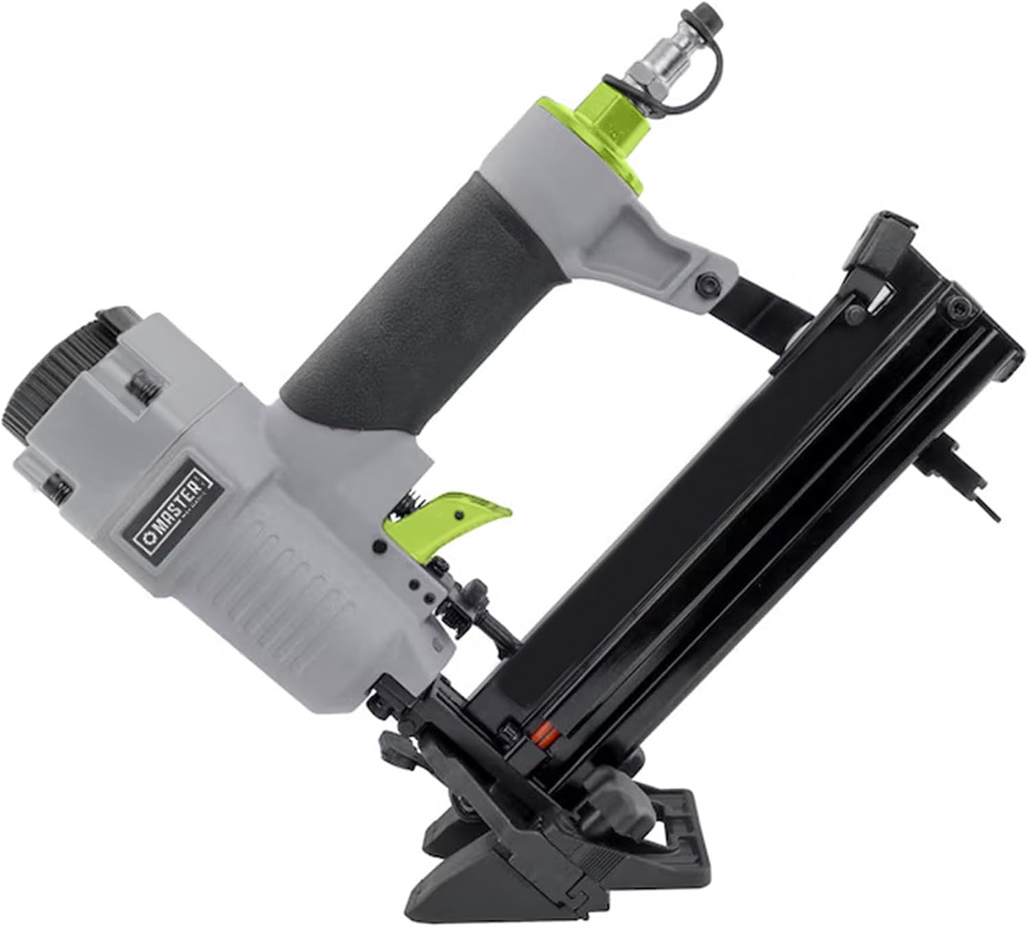Master Mechanic 4-in-1 Mini Pneumatic Flooring Nailer/Stapler with 360 Degree Adjustable Exhaust for Trim, Crown Molding, and Cabinet Backing, Gray