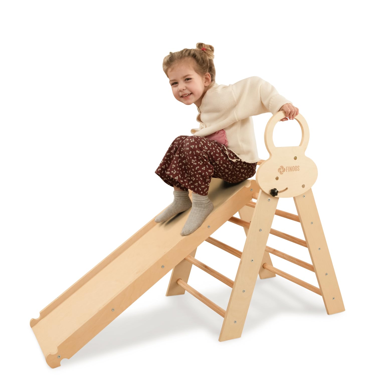 FINOOS Montessori Indoor Spielset: 7-in-1 Klettergerüst mit Rutsche & Bogen für Kleinkinder und Kinder (1-3 Jahre) (Naturholz)
