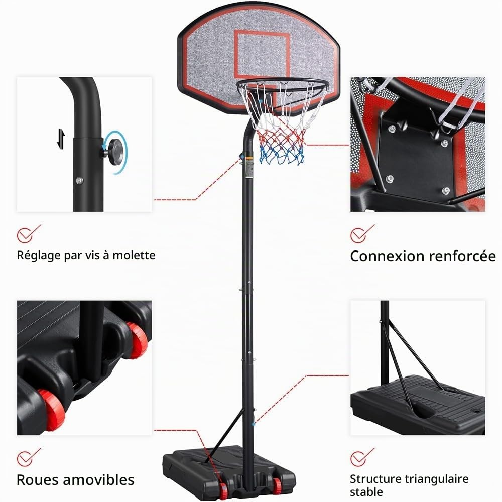 Yaheetech Panier de Basket Extérieur Portable Réglable en Hauteur de 2,11 à 3,05 m sur Pied à roulettes Base de Lestage pour Enfants, Jeunes, Adultes, Gym