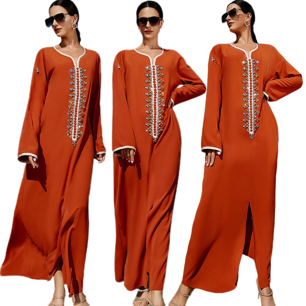 GenericDubai Muslim Women Party Holiday Long Dress Luxury Rhinestone Islamic Jalabiya Arab Abaya Caftan Middle East Ramadan Maxi Robe (Color : Orange, Size : L)