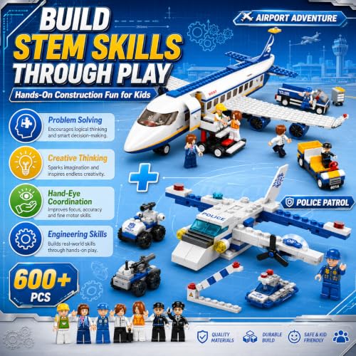 Image of SKY LINE OCEAN Police Patrol & Airport Adventure Building Block Combo Set, 600+ PCS Police Car Construction Kit & Passenger Airplane Airport Playset, STEM Educational, 5-Year Structural Warranty